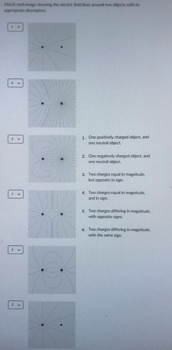 Match each image showing the electric field lines around two objects with its
appropriate description.
1 v
KOD
1. One positively charged object, and
one neutral object.
2. One negatively charged object, and
one neutral object.
3. Two charges equal in magnitude.
but opposite in sign.
4. Two charges equal in magnitude.
and in sign.
5. Two charges differing in magnitude,
with opposite signs.
6. Two charges differing in magnitude.
with the same sign.