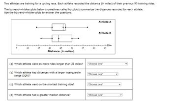 Two athletes are training for a cycling race. Each athlete recorded the distance (in miles) of their previous 95 training rides.
The box-and-whisker plots below (sometimes called boxplots) summarize the distances recorded for each athlete.
Use the box-and-whisker plots to answer the questions.
5
10
15
20
25
Athlete A
Athlete B
+
30
35
40
45
Distance (in miles
(a) Which athlete went on more rides longer than 21 miles?
'Choose one'
(b) Which athlete had distances with a larger interquartile
range (IQR)?
'Choose one'
(c) Which athlete went on the shortest training ride?
'Choose one'
(d) Which athlete had a greater median distance?
'Choose one'