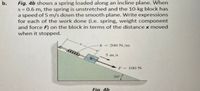 Fig. 4b shows a spring loaded along an incline plane. When
S = 0.6 m, the spring is unstretched and the 10-kg block has
a speed of 5 m/s down the smooth plane. Write expressions
for each of the work done (i.e. spring, weight component
and force F) on the block in terms of the distance x moved
when it stopped.
b.
k 200 N/m
00000
5m/s
-
F-100N
30
Fig. 4b
