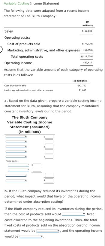 Answered Variable Costing Income Statement The Bartleby 8970