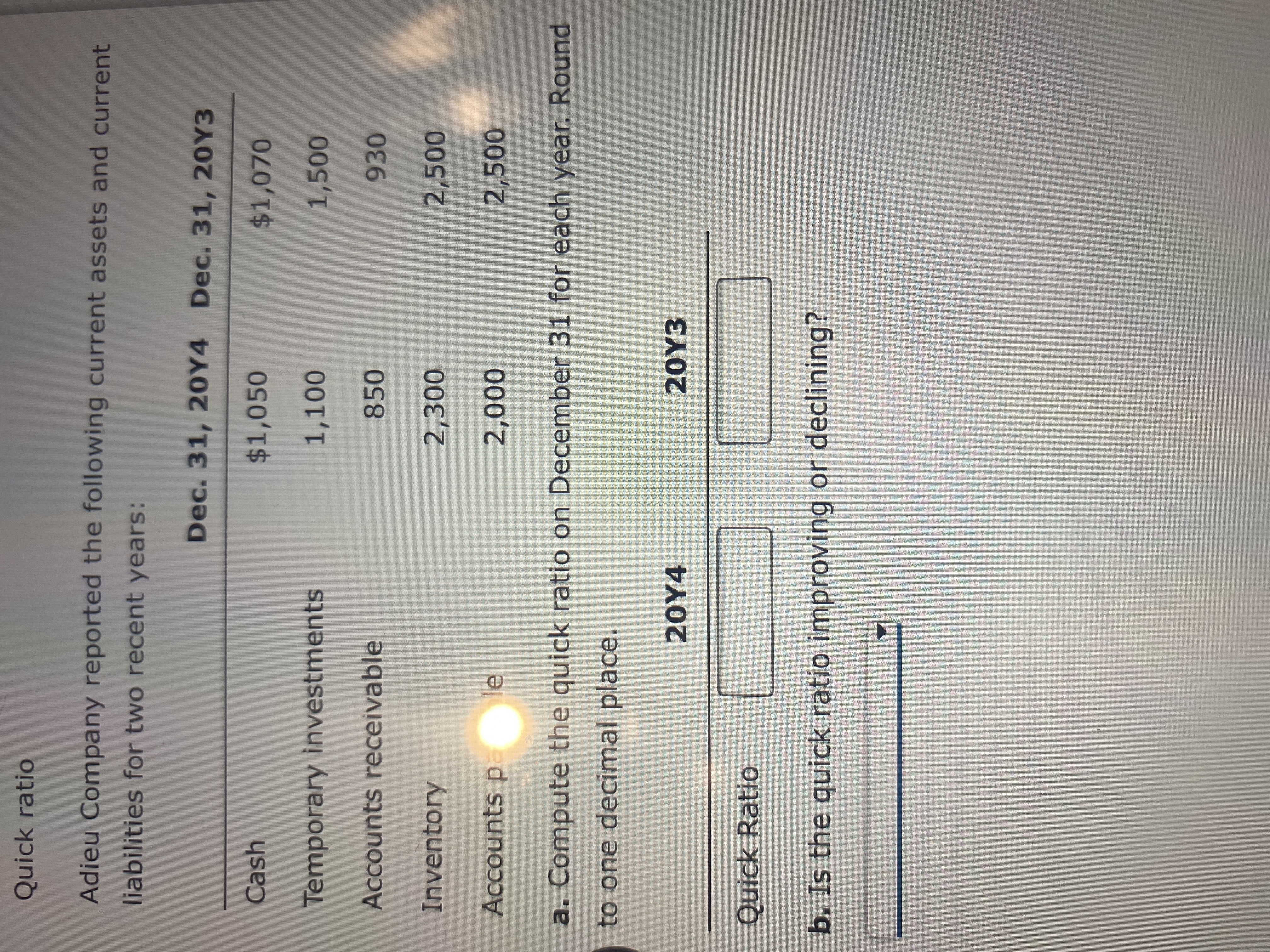Quick ratio
Adieu Company reported the following current assets and current
liabilities for two recent years:
Dec. 31, 20Y4 Dec. 31, 20Y3
Cash
$1,050
$1,070
Temporary investments
1,100
1,500
Accounts receivable
850
930
Inventory
2,300
2,500
Accounts p le
2,500
a. Compute the quick ratio on December 31 for each year. Round
to one decimal place.
20Y4
20Y3
Quick Ratio
b. Is the quick ratio improving or declining?

