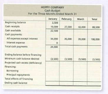 HOPPY COMPANY
Cash Budget
For the Three Months Ended March 31
January February
March
Total
Beginning balance
Cash receipts
3,500
19,000
27,500
42,000
88,500
Cash available
22,500
Cash payments
All expenses except interest
34,000
35,000
39,000
108,000
Interest expense
Total cash payments
34,000
Ending balance before financing
Minimum cash balance desired
(3,500)
(3,500)
(3,500)
(3,500)
Projected cash eNcess (deficiency)
Financing:
Borrowing
Principal repayments
Total effects of financing
Ending cash balance
