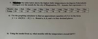 3.
The table below shows the highest daily temperatures (in degrees Fahrenheit)
averaged over the month for the city of Binghamton, NY. Assume Jan represents t = 1.
Month Jan
Feb
Mar
Apr May
Мay
Jun
Jul
Aug Sep
Oct
Nov
Dec
Тemp. | 29
32
41
54
65
74
78
76
68
57
45
33
a) Use the graphing calculator to find an approximate equation of f (x) in the form
y = a sin(k(x - b)) + c. Round a, b, k, and c to four decimal places.
b) Using the model from a), what months will the temperature exceed 60°F?
