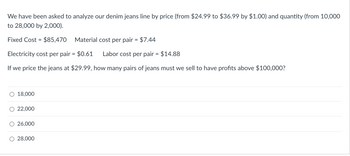 We have been asked to analyze our denim jeans line by price (from $24.99 to $36.99 by $1.00) and quantity (from 10,000
to 28,000 by 2,000).
Fixed Cost = $85,470
Material cost per pair = $7.44
Electricity cost per pair = $0.61 Labor cost per pair = $14.88
If we price the jeans at $29.99, how many pairs of jeans must we sell to have profits above $100,000?
18,000
22,000
26,000
28,000