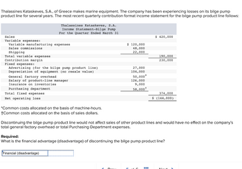 Thalassines Kataskeves, S.A., of Greece makes marine equipment. The company has been experiencing losses on its bilge pump
product line for several years. The most recent quarterly contribution format income statement for the bilge pump product line follows:
Sales
Variable expenses:
Variable manufacturing expenses
Sales commissions.
Shipping
Total variable expenses
Contribution margin
Fixed expenses:
Advertising (for the bilge pump product line).
Depreciation of equipment (no resale value)
General factory overhead
Salary of product-line manager
Insurance on inventories
Purchasing department.
Thalassines Kataskeves, S.A.
Income Statement-Bilge Pump
For the Quarter Ended March 31
Total fixed expenses
Net operating loss
*Common costs allocated on the basis of machine-hours.
+Common costs allocated on the basis of sales dollars.
$ 120,000
48,000
22,000
Financial (disadvantage)
27,000
104,000
50,000*
126,000
9,000
58,000*
$ 420,000
190,000
230,000
374,000
$ (144,000)
Discontinuing the bilge pump product line would not affect sales of other product lines and would have no effect on the company's
total general factory overhead or total Purchasing Department expenses.
Required:
What is the financial advantage (disadvantage) of discontinuing the bilge pump product line?