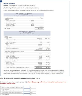 Required Information
RWP12-1 (Static) Great Adventures Continuing Case
[The following Information applies to the questions displayed below.]
Income statement and balance sheet data for Great Adventures, Incorporated, are provided below.
Net sales revenues
Interest revenue
Expenses:
GREAT ADVENTURES, INCORPORATED
Income Statement
For the Year Ended December 31, 2025
Cost of goods sold
Operating expenses
Depreciation expense
Interest expense
Income tax expense
Total expenses
Net income
$ 38,500
51,400
17,250
6,785
14,500
$ 164,150
120
128,435
$ 35,835
GREAT ADVENTURES, INCORPORATED
Balance Sheets
December 31, 2025 and 2024
2025
2024
Assets
Current assets:
Cash
Accounts receivable
Inventory
Other current assets
Long-term assets:
Land
Buildings
Equipment
Accumulated depreciation
Total assets
Liabilities and Stockholders' Equity
Current liabilities:
Accounts payable
$ 180,568
47,600
7,000
$ 64,500
0
900
4,500
500,000
800,000
62,000
(25,250)
$ 1,572,818
40,000
(8,000)
$ 101,000
$ 2,800
Interest payable
Income tax payable
Other current liabilities
Notes payable (current)
Notes payable (long-term)
Stockholders' equity:
Common stock
Paid-in capital
Retained earnings
Treasury stock
$ 20,800
750
14,500
21,000
750
14,000
0
48,014
475,869
30,000
120,000
20,000
904,000
57,885
33,450
(90,000)
Total liabilities and stockholders' equity
$ 1,572,818
$ 101,000
As you can tell from the financial statements, 2025 was an especially busy year. Tony and Suzle were able to use the
money received from borrowing and the Issuance of stock to buy land and begin construction of cabins, dining facilities,
ropes course, and the outdoor swimming pool. They even put in a baby pool to celebrate the birth of their first child.
RWP12-1 (Static) Great Adventures Continuing Case Part 2
2. Calculate the following profitability ratios for 2025. (Use 365 days in a year. Round your Intermediate calculations and final
answers to 1 decimal place.)
a. Gross profit ratio. (Hint: Use net sales revenues.)
b. Return on assets.
%6
%
c. Profit margin. (Hint: Use net sales revenues.)
%
d. Asset turnover. (Hint: Use net sales revenues.)
times
e. Return on equity.
%