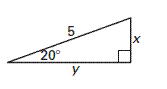 The image shows a right triangle with the following details:

- The hypotenuse is labeled as 5 units.
- One angle is labeled as 20°.
- The side opposite the 20° angle is labeled as \( x \).
- The side adjacent to the 20° angle is labeled as \( y \).
- The triangle includes a right angle, indicated by the small square at the junction of sides \( x \) and \( y \).

This diagram can be used to explore trigonometric relationships in right triangles, particularly with the sine, cosine, and tangent functions relative to the 20° angle.