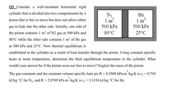 Q3 Consider a well-insulated horizontal rigid
cylinder that is divided into two compartments by a
piston that is free to move but does not allow either
gas to leak into the other side. Initially, one side of
the piston contains 1 m³ of N2 gas at 500 kPa and
80°C while the other side contains 1 m³ of He gas
at 500 kPa and 25°C. Now thermal equilibrium is
established in the cylinder as a result of heat transfer through the piston. Using constant specific
heats at room temperature, determine the final equilibrium temperature in the cylinder. What
would your answer be if the piston were not free to move? Neglect the mass of the piston
3
The gas constants and the constant volume specific hats are R = 0.2968 kPa.m /kg.K is c = 0.743
kJ/kg-°C for N₂, and R=2.0769 kPa.m /kg.K is c, = 3.1156 kJ/kg °C for He
3
3
N₂
1 m³
500 kPa
80°C
He
3
1 m³
500 kPa
25°C