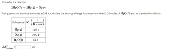 Consider the reaction:
2H₂O(1)→ 2H₂(g) + O2(g)
Using standard absolute entropies at 298 K, calculate the entropy change for the system when 2.26 moles of H₂O(1) react at standard conditions.
AS⁰⁰
Substance So
system
H₂(g)
02 (9)
H₂O(1)
J
K mol
130.7
205.1
69.9
J/K