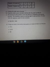 Number of teams (x)
1
4
Number of games (y)
...
a) Continue the table out to 10 teams.
b) Graph the table in your calculator and describe the graph it produced.
c) The function for this problem can be described as a translation of the parent
function. The translation is given as moving right 0.5 units and down .25 units.
Write the algebraic model for this translation.
y= 2(x-0.5)- 0.25
d) Using your model, find out how many games are required if there are 30 teams.
y= 2[x)
y= 2(30)
y= 60
21
