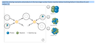 Label the missing reactants and products in the two stage nuclear fusion reaction below involving helium-4, beryllium-8, and
carbon-12.
A
helium-4
88
В
Helium-4
88
beryllium-8
Helium-4
Proton
Neutron
y Gamma ray
carbon-12
