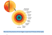 Nonfusing
hydrogen
Hydrogen
fusion
Helium
fusion
Carbon
fusion
Neon
fusion
Oxygen
fusion
Silicon
Iron ash
fusion
Why does the presence of iron trigger a supernova? Choose all that apply.
