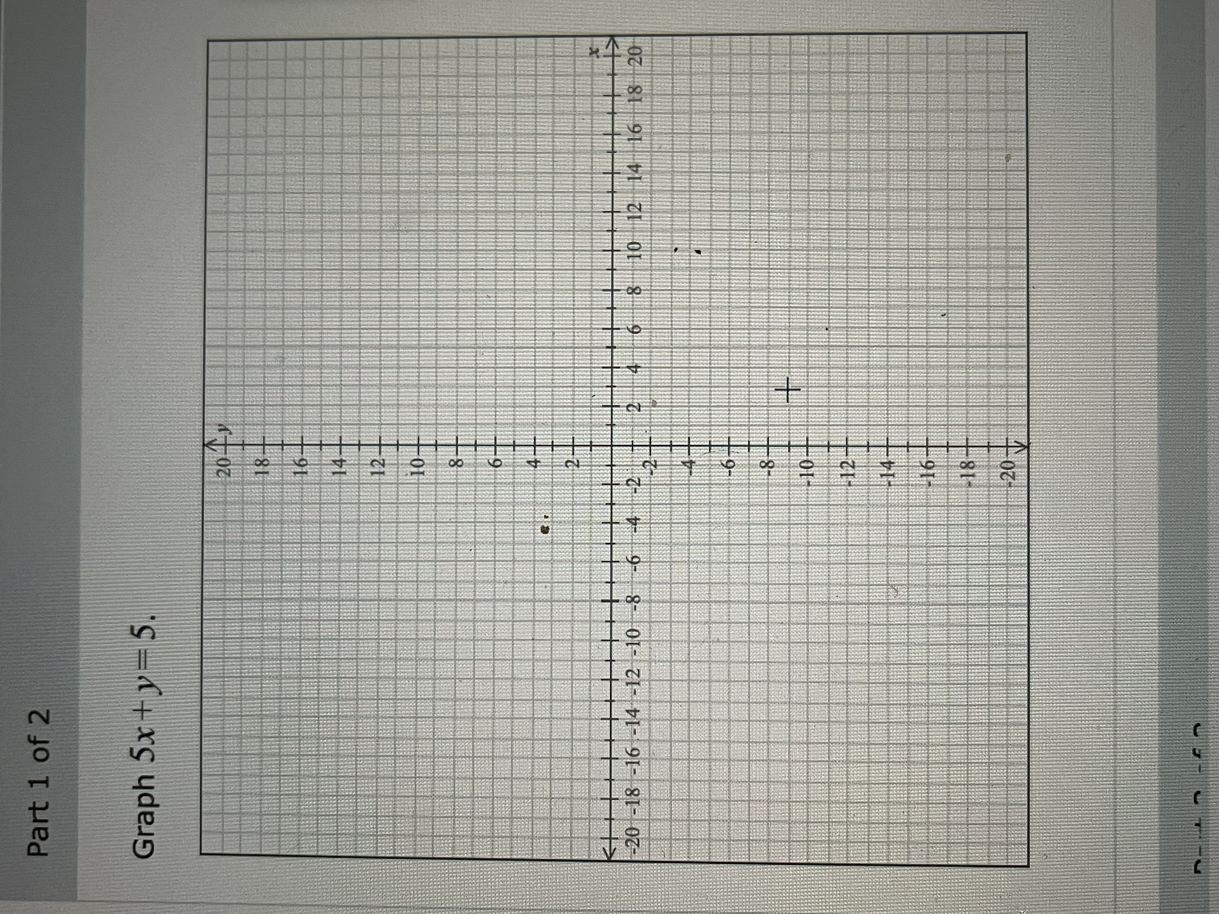 **Graphing Linear Equations: Example 1**

In this exercise, we are tasked with graphing the linear equation:

\[ 5x + y = 5 \]

### Steps to Graph the Equation

1. **Convert to Slope-Intercept Form:**  
   The equation can be rewritten in the slope-intercept form, \( y = mx + b \), where \( m \) is the slope and \( b \) is the y-intercept.

   \[ 5x + y = 5 \]  
   \[ y = -5x + 5 \]

   Here, the slope \( m \) is \(-5\) and the y-intercept \( b \) is \(5\).

2. **Identify Key Points:**  
   - **Y-Intercept:** The y-intercept is the point where the line crosses the y-axis (\(y = 5\)).
   - **X-Intercept:** Set \( y = 0 \) and solve for \( x \):  
     \[ 0 = -5x + 5 \]  
     \[ 5x = 5 \]  
     \[ x = 1 \]  
     So, the x-intercept is at \( (1, 0) \).

3. **Plot the Points:**  
   - Plot the y-intercept (0, 5) on the graph.
   - Plot the x-intercept (1, 0) on the graph.

4. **Draw the Line:**  
   Connect these points with a straight line extending across the grid. This line represents the equation \( y = -5x + 5 \).

### Description of the Graph

The graph is drawn on a Cartesian coordinate system with both x and y axes ranging from -20 to 20. The graph should ideally show a straight line passing through the points (0, 5) and (1, 0), sloping downwards from left to right.

This exercise helps visualize how linear equations create straight lines, using intercepts and slopes to determine the line's position and direction on the graph.