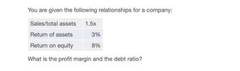 You are given the following relationships for a company:
Sales/total assets
1.5x
Return of assets
3%
Return on equity
8%
What is the profit margin and the debt ratio?