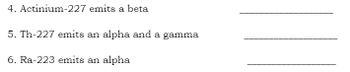 4. Actinium-227 emits a beta
5. Th-227 emits an alpha and a gamma
6. Ra-223 emits an alpha