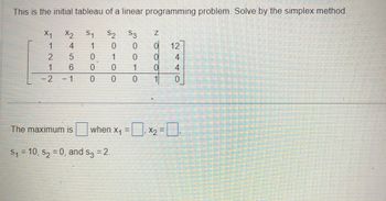 This is the initial tableau of a linear programming problem. Solve by the simplex method.
X₁
X2
S₁
S2
S3
1
4
1
0
0
5
0
1
0
6
0
0
1
0 0
0
2
1
- 2
The maximum is
when X₁
S₁ = 10, S₂ = 0, and s3 = 2.
-
Z
0
0
0
12
4
4
0
x₂ = ₁