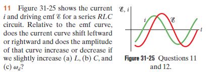 11 Figure 31-25 shows the current 8, i|
and driving emf E for a series RLC
circuit. Relative to the emf curve,
does the current curve shift leftward
or rightward and does the amplitude
of that curve increase or decrease if
we slightly increase (a) L. (b) C, and
(c) w,?
Figure 31-25 Questions 11
and 12.
