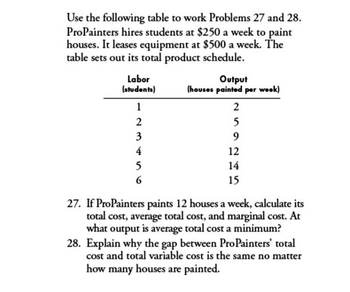 Use the following table to work Problems 27 and 28.
ProPainters hires students at $250 a week to paint
houses. It leases equipment at $500 a week. The
table sets out its total product schedule.
Labor
(students)
1
Output
(houses painted per week)
2
23
5
3
9
4
12
5
14
6
15
27. If ProPainters paints 12 houses a week, calculate its
total cost, average total cost, and marginal cost. At
what output is average total cost a minimum?
28. Explain why the gap between ProPainters' total
cost and total variable cost is the same no matter
how many houses are painted.