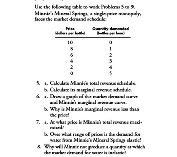 Use the following table to work Problems 5 to 9.
Minnie's Mineral Springs, a single-price monopoly,
faces the market demand schedule:
Price
Quantity demanded
(dollars per bottle)
10
8
(bottles per hour)
0
1
6
2
4
3
2
4
0
5
5. a. Calculate Minnie's total revenue schedule.
b. Calculate its marginal revenue schedule.
6. a. Draw a graph of the market demand curve
and Minnie's marginal revenue curve.
b. Why is Minnie's marginal revenue less than
the price?
7. a. At what price is Minnie's total revenue maxi-
mized?
b. Over what range of prices is the demand for
water from Minnie's Mineral Springs elastic?
8. Why will Minnie not produce a quantity at which
the market demand for water is inelastic?