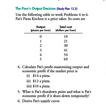 The Firm's Output Decision (Study Plan 12.2)
Use the following table to work Problems 4 to 6.
Pat's Pizza Kitchen is a price taker. Its costs are
Output
(pizzas per hour)
Total cost
(dollars per hour)
0
10
1
21
2
30
3
41
4
54
5
69
4. Calculate Pat's profit-maximizing output and
economic profit if the market price is
(i) $14 a pizza.
(ii) $12 a pizza.
(iii) $10 a pizza.
5. What is Pat's shutdown point and what is Pat's
economic profit if it shuts down temporarily?
6. Derive Pat's supply curve.