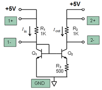 +5V
1+
1-
Tin | Rik
R₁
↓
1K
GND
I out
R3
500
+5V
R₂
1K
Q₂
2+
2-
