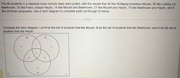 The 66 students in a classical music lecture class were polled, with the results that 36 like Wolfgang Amadeus Mozart, 36 like Ludwig von
Beethoven, 33 like Franz Joseph Haydn, 14 like Mozart and Beethoven, 21 like Mozart and Haydn, 15 like Beethoven and Haydn, and 8
like all three composers. Use a Venn diagram to complete parts (a) through (f) below.
Complete the Venn diagram. Let M be the set of students that like Mozart, B be the set of students that like Beethoven, and H be the set of
students that like Haydn.
U
S
M
W
t
V
y
H
B
u