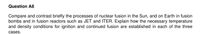 Question A8
Compare and contrast briefly the processes of nuclear fusion in the Sun, and on Earth in fusion
bombs and in fusion reactors such as JET and ITER. Explain how the necessary temperature
and density conditions for ignition and continued fusion are established in each of the three
cases.
