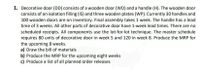 1. Decorative door (DD) consists of a wooden door (WD) and a handle (H). The wooden door
consists of an isolation filling (IS) and three wooden plates (WP). Currently 30 handles and
100 wooden doors are on inventory. Final assembly takes 1 week. The handle has a lead
time of 3 weeks. All other parts of decorative door have 1-week lead times. There are no
scheduled receipts. All components use the lot-for-lot technique. The master schedule
requires 80 units of decorative door in week 5 and 120 in week 8. Produce the MRP for
the upcoming 8 weeks.
a) Draw the bill of materials
b) Produce the MRP for the upcoming eight weeks
c) Produce a list of all planned order releases
