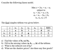 Consider the following linear model.
Маx z %3D 2x1 +X — Xз
subject to
X1 + 2х2 + хз <bi
-X1 +x2 – 2x3 < b2
Х1, X2, Xз > 0
The final simplex tableau was given below.
X1
X2
RHS
X3
3
Х4
X5
1
a
b
d
16
X1
e
f
1
8
X5
h
-1
1
1
12
a) Find the values of bị and bz.
b) Fill in the missing values (a, b, ..., h) of the tableau.
c) What is the reduced cost of x2?
d) What are the shadow prices? Are there any free goods?
