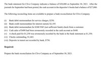 The bank statement for Clive Company indicates a balance of $30,000 on September 30, 2021. After the
journals for September had been posted, the cash account in the depositor's books had a balance of $27,800.
The following reconciling items are available to prepare a bank reconciliation for Clive Company.
(i)
Bank debit memorandum for service charges, $250.
(ii) Bank credit memorandum for interest earned, $2,105.
(iii) Bank debit memorandum for $300 NSF (not sufficient funds) check from a customer.
(iv) Cash sales of $480 had been erroneously recorded in the cash account as $448.
(v) A check paid for $1,250 was erroneously recorded by the bank in the bank statement as $1,350.
(vi) Checks outstanding, $1,463.
(vii) Deposits in transit not recorded by bank, $750.
Required:
Prepare the bank reconciliation for Clive Company as of September 30, 2021.
