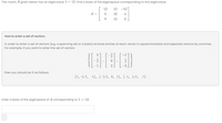 The matrix A given below has an eigenvalue A = 12. Find a basis of the eigenspace corresponding to this eigenvalue.
12
12
-12
A =
16
-4
12
How to enter a set of vectors.
In order to enter a set of vectors (e.g. a spanning set or a basis) enclose entries of each vector in square brackets and separate vectors by commas.
For example, if you want to enter the set of vectors
5
2
3
then you should do it as follows:
[5,-1/3, -1], [-3/2, 0, 2], [-1, 1/2, -3]
Enter a basis of the eigenspace of A corresponding to A = 12:
