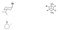 The image contains three distinct chemical structures:

1. **Top Left Structure**: 
   - This structure is a bicyclic compound, specifically a brominated norbornane derivative. It features a norbornane framework with a bromine (Br) atom attached at the bridgehead position. The compound also has a methyl group (CH₃) on one of the bridgehead carbons.

2. **Top Right Structure**:
   - This is a cyclohexane ring depicted in a chair conformation. The substituents on the cyclohexane include:
     - A bromine (Br) atom on one carbon.
     - A chlorine (Cl) atom on another carbon.
     - Two methyl (CH₃) groups on different carbons.
     - Two hydrogen (H) atoms also attached to separate carbons.
   - The substituents are arranged axially and equatorially, with the Br and Cl atoms in two different positions, one equatorial and the other axial.

3. **Bottom Left Structure**:
   - This is a cyclohexane ring shown in a three-dimensional perspective. It includes a single substituent depicted as a wedge, indicating its orientation above the plane of the ring (axial position).

These diagrams illustrate the importance of stereochemistry in cyclic compounds, showcasing elements like chair conformations and bridgehead positions in bicyclic structures.