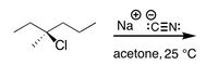 ### Reaction Description:

This image illustrates a nucleophilic substitution reaction involving an alkyl chloride and sodium cyanide in acetone at 25°C.

#### Reactants:
- **2-Chlorobutane**: The organic compound depicted on the left side is 2-chlorobutane, which is an alkyl chloride. The chlorine atom is attached to the second carbon of a butane chain.
- **Sodium Cyanide (Na⁺ ⁻C≡N):** The reagent shown is sodium cyanide. It consists of a sodium ion (Na⁺) and a cyanide ion (⁻C≡N), where the carbon and nitrogen atoms are triple bonded.

#### Solvent and Conditions:
- **Acetone:** The reaction is carried out in acetone, a polar aprotic solvent, which helps facilitate the substitution reaction.
- **Temperature:** The reaction occurs at 25°C.

### Reaction Mechanism:
The nucleophilic cyanide ion (⁻C≡N) attacks the electrophilic carbon atom that is bonded to the chlorine atom in 2-chlorobutane. This leads to the displacement of the chloride ion (Cl⁻) and the formation of a carbon-carbon bond between the butane chain and the cyanide ion.

### Result:
This reaction results in the formation of a nitrile compound, where the cyanide group replaces the chlorine atom in the original alkyl chloride.