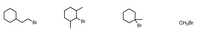 The image displays four chemical structures featuring brominated compounds:

1. **Structure 1**: A cyclohexane ring with a bromine (Br) atom attached. This is known as bromocyclohexane.

2. **Structure 2**: A methylcyclohexane ring with a bromine (Br) atom attached. The ring has a methyl group (CH₃) branching off from one of the carbon atoms, along with the bromine substituent, known as 1-bromo-1-methylcyclohexane.

3. **Structure 3**: Similar to the first structure, this is another cyclohexane ring with a bromine (Br) atom attached at a different position.

4. **Structure 4**: A simple representation of methyl bromide (CH₃Br), a single carbon atom (methyl group, CH₃) bonded to a bromine atom.

Each structure illustrates different configurations of brominated hydrocarbons, which are often used in organic synthesis and industrial applications.