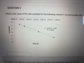 QUESTION 5
What is the value of the rate constant for the following reaction? Do not include units.
In [SOCI2]
-bb0E+00 5.00E+00 1.00E+01 1.50E+01 2.00E+01 2.50E+01 3.00E+01
-2.3
-2.5
-2.9
-3.1
-3.3
-3.5
Time (d)
**********
y = -0.0315x-2.305
R² = 0.9995
Click Save and Submit to save and submit. Click Save All Answers to save all answers.