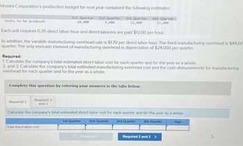 Hruska Corporation's production budget for next year contained the following estimates:
1st Quarter 2nd Quarter 3rd Quarter
10,400
11,400
9,400
Units to be produced.
Each unit requires 0.25 direct labor-hour and direct laborers are paid $12.00 per hour.
In addition, the variable manufacturing overhead rate is $1.70 per direct labor-hour. The fixed manufacturing overhead is $84,00-
quarter. The only noncash element of manufacturing overhead is depreciation of $24,000 per quarter.
Required:
1. Calculate the company's total estimated direct labor cost for each quarter and for the year as a whole.
2. and 3. Calculate the company's total estimated manufacturing overhead cost and the cash disbursements for manufacturing
overhead for each quarter and for the year as a whole.
Complete this question by entering your answers in the tabs below.
4th Quarter
12,400
Required 2
and 3
Calculate the company's total estimated direct labor cost for each quarter and for the year as a whole.
1st Quarter
2nd Quarter
3rd Quarter 4th Quarter
Required 1
Total direct labor cost
Required 1
Required 2 and 3>
Year