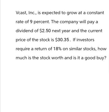 Vcast, Inc., is expected to grow at a constant
rate of 9 percent. The company will pay a
dividend of $2.50 next year and the current
price of the stock is $30.35. If investors.
require a return of 18% on similar stocks, how
much is the stock worth and is it a good buy?