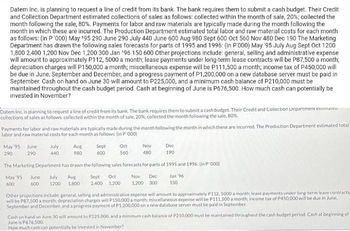 Datem Inc. is planning to request a line of credit from its bank. The bank requires them to submit a cash budget. Their Credit
and Collection Department estimated collections of sales as follows: collected within the month of sale, 20%; collected the
month following the sale, 80%. Payments for labor and raw materials are typically made during the month following the
month in which these are incurred. The Production Department estimated total labor and raw material costs for each month
as follows: (in P '000) May ¹95 290 June 290 July 440 June 600 Aug 980 Sept 600 Oct 560 Nov 480 Dec 190 The Marketing
Department has drawn the following sales forecasts for parts of 1995 and 1996: (in P'000) May '95 July Aug Sept Oct 1200
1,800 2,400 1,200 Nov Dec 1,200 300 Jan ¹96 150 600 Other projections include: general, selling and administrative expense
will amount to approximately P112, 5000 a month; lease payments under long-term lease contracts will be P87,500 a month;
depreciation charges will P150,000 a month; miscellaneous expense will be P111,500 a month; income tax of P450,000 will
be due in June, September and December, and a progress payment of P1,200,000 on a new database server must be paid in
September. Cash on hand on June 30 will amount to P225,000, and a minimum cash balance of P210,000 must be
maintained throughout the cash budget period. Cash at beginning of June is P676,500. How much cash can potentially be
invested in November?
Datem Inc. is planning to request a line of credit from its bank. The bank requires them to submit a cash budget. Their Credit and Collection Department estimateu
collections of sales as follows: collected within the month of sale, 20%; collected the month following the sale, 80%
Payments for labor and raw materials are typically made during the month following the month in which these are incurred. The Production Department estimated total
labor and raw material costs for each month as follows: (in P '000)
May ¹95 June
290
290
Dec
190
Aug
Sept Oct
Nov
440
980
600
560
480
The Marketing Department has drawn the following sales forecasts for parts of 1995 and 1996: (in P'000)
May 95 June
July
Sept Oct
Aug
1200 1.800 2.400 1.200
Nov Dec
1.200 300
Jan 96
150
600
600
Other projections include: general, selling and adininistrative expense will amount to approximately P112, 5000 a month; lease payments under long-term lease contracts
will be P87,500 a month; depreciation charges will P150,000 a month; miscellaneous expense will be P111,500 a month; income tax of P450,000 will be due in June,
September and December, and a progress payment of P1,200,000 on a new database server must be paid in September.
Cash on hand on June 30 will amount to P225.000, and a minimum cash balance of P210.000 must be maintained throughout the cash budget period: Cash at beginning of
June is P676,500
How much cash can potentially be invested in November?