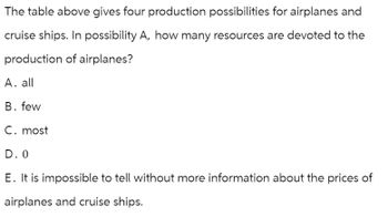 The table above gives four production possibilities for airplanes and
cruise ships. In possibility A, how many resources are devoted to the
production of airplanes?
A. all
B. few
C. most
D. O
E. It is impossible to tell without more information about the prices of
airplanes and cruise ships.