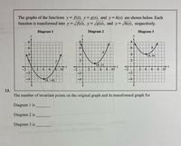 The graphs of the functions y f(x), y g(x), and y h(x) are shown below. Each
function is transformed into y= /f(x), y /g(x), and y =
/h(x), respectively.
Diagram 1
Diagram 2
Diagram 3
y
6.
4
(4.4)
2.
(4.1
10
-2
+
810
10
(4.-4)
13.
The number of invariant points on the original graph and its transformed graph for
Diagram 1 is
Diagram 2 is
and thee
Diagram 3 is
