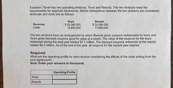 Eastlawn Travel has two operating divisions, Tours and Resorts. The two divisions meet the
requirements for segment disclosures. Before transactions between the two divisions are considered,
revenues and costs are as follows:
Revenues
Costs
Tours
$ 35,380,000
19,890,000
The two divisions have an arrangement by which Resorts gives coupons redeemable for tours and
Tours gives discount coupons good for stays at a resort. The value of the coupons for the tours
redeemed during the past year totaled $7.1 million. The discount coupons redeemed at the resorts
totaled $4.0 million. As of the end of the year, all coupons for the current year expired.
Tours
Resorts
Resorts
$ 24,380,000
17,690,000
Required:
What are the operating profits for each division considering the effects of the costs arising from the
joint agreement?
Note: Enter your answers in thousands.
Operating Profits