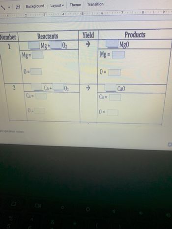 Background Layout
Theme Transition
11|2|3|4|56|17|T
Number
Reactants
Yield
Products
1
2
Mg=
0=
did speaker notes
Ca=
0=
Mg+ 0₂
Ca+
&
↑
Mg =
0=
Ca =
0=
Mg0
CaO
891
MASHAR
+