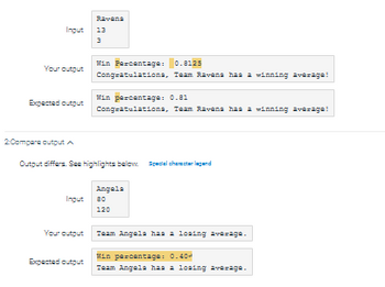 Ingut 13
3
Your output
Expected output
Ingut
Ravana
Your output
2:Compare output A
Output differs. See highlights below. Special character legend
Expected output
Win Percentage: 0.8125
Congratulations, Team Ravens has a winning average!
Win percentage: 0.81
Congratulations, Team Ravens has a winning average!
Angela
80
120
Team Angels has a losing average.
Min percentage: 0.40
Team Angela has a loaing average.