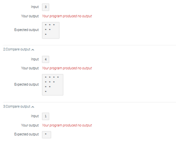 Input 3
Your output Your program produced no output
Expected output
2:Compare output A
Input 4
Your output Your program produced no output
Expected output
3:Compare output A
Input
1
Your output Your program produced no output
Expected output