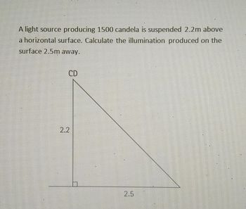 A light source producing 1500 candela is suspended 2.2m above
a horizontal surface. Calculate the illumination produced on the
surface 2.5m away.
CD
2.2
2.5