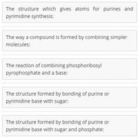 The structure which gives atoms for purines and
pyrimidine synthesis:
The way a compound is formed by combining simpler
molecules:
The reaction of combining phosphoribosyl
pyrophosphate and a base:
The structure formed by bonding of purine or
pyrimidine base with sugar:
The structure formed by bonding of purine or
pyrimidine base with sugar and phosphate:
