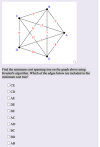 В
13
11
7
A
15
8.
D
10
E
Find the minimum cost spanning tree on the graph above using
Kruskal's algorithm. Which of the edges below are included in the
minimum cost tree?
)CE
)CD
AE
DE
ВЕ
O AC
O AD
BC
BD
O AB
O O
