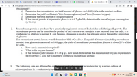 b My Questions | bart X
* Google Translate
O SSO - Dashboard
Ti General ([SIAP-202 X
6 (6) WhatsApp
A Dasar-dasar Biopro X
+
A drive.google.com/drive/folders/10_DzC9YxnUNJnuvolJj-xOawSTUSkITz
stoichiometry:
a) Determine the concentration and total amount of glucose and (NH4)2SO4 in the nutrient medium.
b) Determine the yield coefficients Yx/s (biomass/glucose) and Yxo2 (biomass/oxygen).
c) Determine the total amount of oxygen required.
d) If the rate of growth at exponential phase is rx= 0.7 gdw/l-h, determine the rate of oxygen consumption
(g O2/l-h).
->
Recombinant protein is produced by a genetically engineered strain of Escherichia coli during cell growth. The
recombinant protein can be considered a product of cell culture even though it is not secreted from the cells; it is
synthesised in addition to normal E. coli biomass. Ammonia is used as the nitrogen source for aerobic respiration
of glucose.
The recombinant protein has an overall formula of CH1.55O0.31No.25. The yield of biomass (excluding recombinant
protein) from glucose is measured as 0.48 g g21; the yield of recombinant protein from glucose is about 20% of that
for cells.
2.
a. How much ammonia is required?
b. What is the oxygen demand?
If the biomass yield remains at 0.48 g g21, how much different are the ammonia and oxygen requirements
for wild-type E. coli that is unable to synthesise recombinant protein?
с.
3. The following data are obtained in oxidation of pesticides present in wastewater by a mixed culture of
5 1 10
Q +
microorganisms in a continuously operatng aeration tank
Page
26°C
19:56
LINE
Berawan
25/04/2022
..
>
