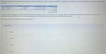 TaskMaster Enterprises employs a standard cost system in which direct materials inventory is carried at standard cost. TaskMaster has established the following standards for the prime costs of one unit
of product.
Direct Materials.
Direct Labor
What is the direct materials efficiency variance for November?
Multiple Choice
During November, TaskMaster purchased 164,000 pounds of direct materials at a total cost of $442,800. The total factory wages for November were $50,000, 90% of which were for direct labor.
Taskmaster manufactured 19,400 units of product during November using 145,500 pounds of direct materials and 5,080 direct labor-hours.
4
O
O
$22,520
$25,220
Standard Quantity
8 pounds
0.25 hour
$22.370
$24.120
Standard Price
$ 2.60 per pound
$9.60 per hour
Standard Cost
$ 20.80
2.40
$ 23.20