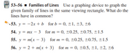 53–56 - Families of Lines Use a graphing device to graph the
given family of lines in the same viewing rectangle. What do the
lines have in common?
53. y = -2x + b for b = 0, ±1, ±3, ±6
54. y = mx – 3 for m = 0, ±0.25, ±0.75, ±1.5
55. y = m(x – 3) for m = 0, ±0.25, ±0.75, ±1.5
56. y = 2 + m(x + 3) for m = 0, ±0.5, ±1, ±2, ±6
